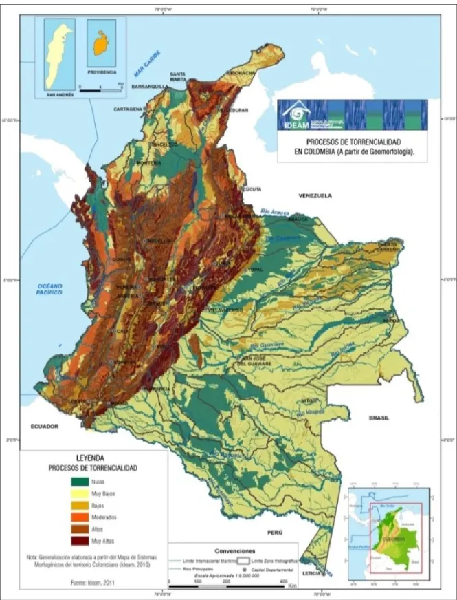 Figura 10. Zonas susceptibles a avenidas torrenciales en Colombia, IDEAM 2010 