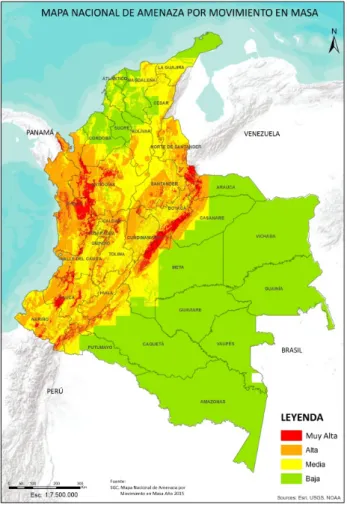 Figura 11. Zonas Amenaza por movimientos en masa en Colombia. Fuente: SGC, 2015