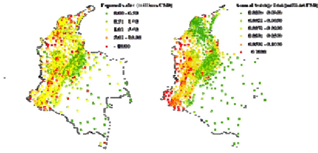 Figure 5a shows the exposed value and Figure 5b the AAL obtained for the municipalities  of Colombia and for the existing state of the buildings