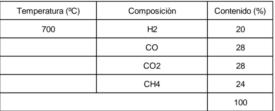 Tabla 11: Composición y contenido del Gasificador 
