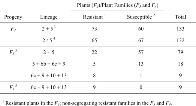 Table 4.  Resistance  of  the progeny of plant C101A51xC101LAC-12 to representative  isolates of Pyricularia grisea by MGR lineages from Colombia