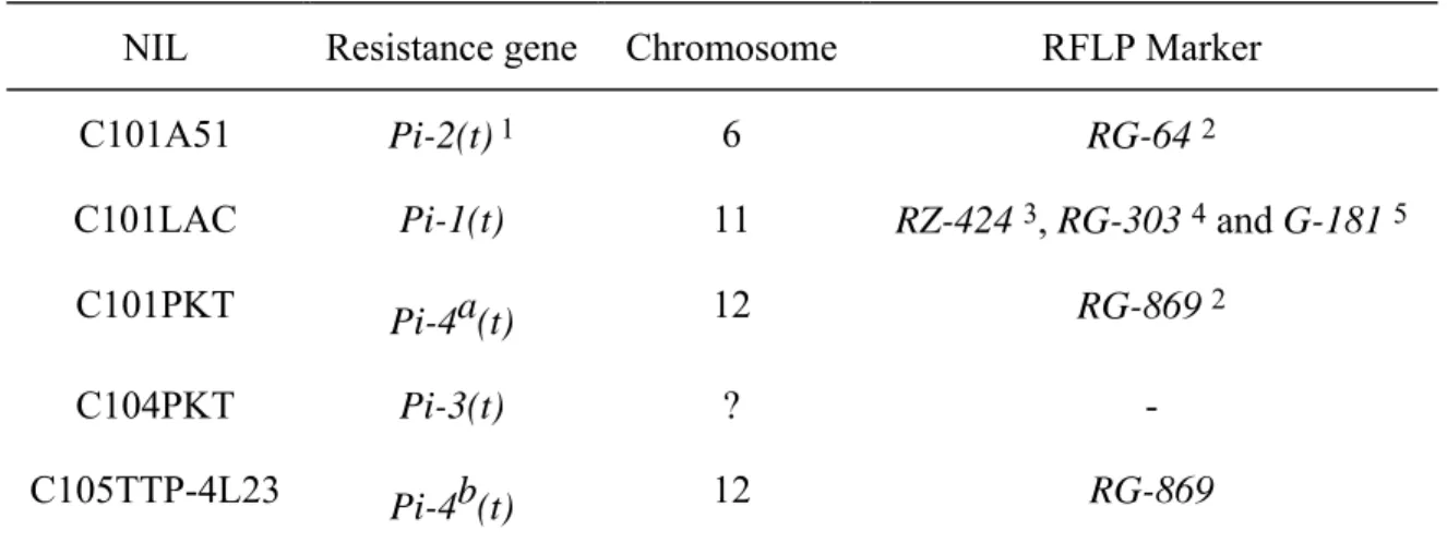 Table 5.  Features of Mackill and Bonman's near-isogenic lines (NILs) bearing single  blast resistance genes bred into the genetic background of rice cultivar CO39