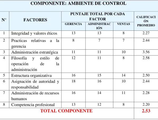 Tabla 5: Tabla de Valoración para el componente Ambiente de Control  COMPONENTE: AMBIENTE DE CONTROL 