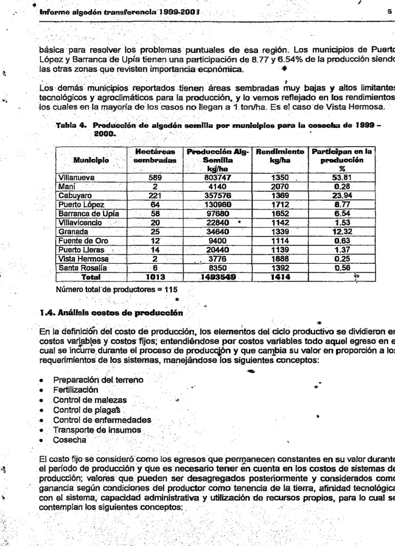 Tabla 4.  Proddt.olón de  algodó~ se~llla  por  n~uniolplos  para la  cosecha  de  1999 -