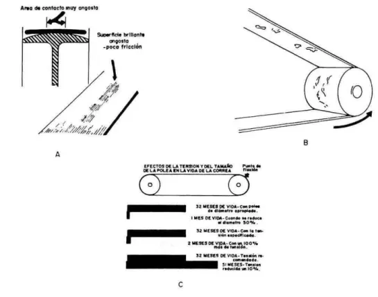 FIGURA 5. Problemas de funcionamiento de las correas: A) Patinaje por excesiva curvatura de Ia  poles;  B) Daños por pegante;  C) Efecto de Ia tensiOn de Ia correa y del diámetro de  Ia polea