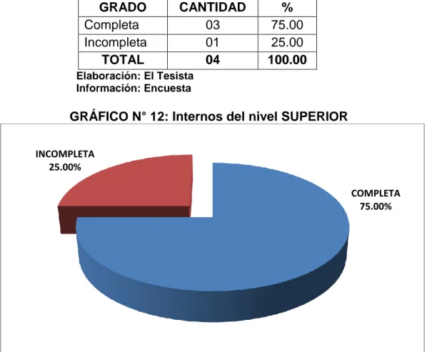 TABLA N° 16  SUPERIOR  GRADO  CANTIDAD  %  Completa  03  75.00  Incompleta  01  25.00  TOTAL  04  100.00  Elaboración: El Tesista  Información: Encuesta 