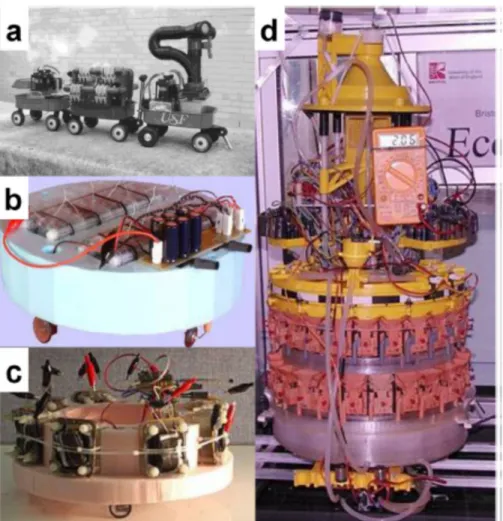 Figura 12. Fotografia de Gastrobot (a), Ecobot-1 (b), Ecobot-II (c), cada uno de ellos potenciados por 8 celdas de  combustible microbiano y Ecobot-III, potenciado con 48 pequeñas celdas de combustible microbianas(d)