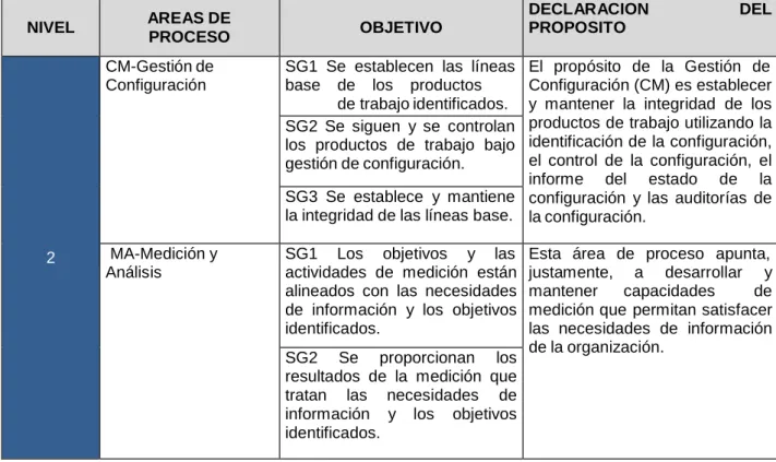 Tabla 2: Procesos CMMI 