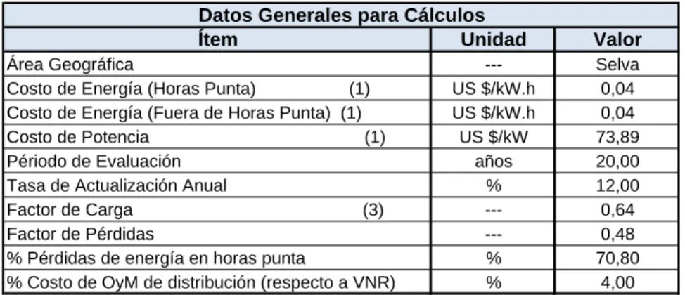 Cuadro 3.8  Tabla de datos generales para evaluación económica 