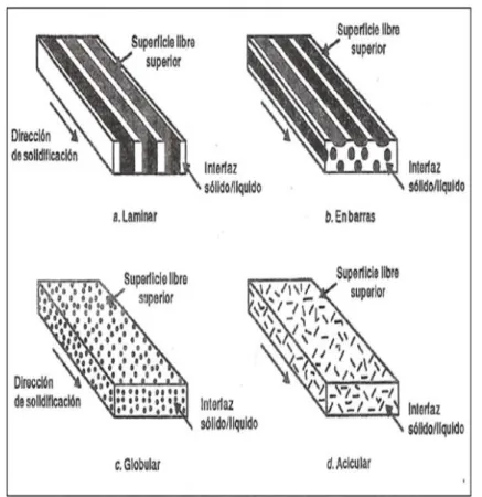 Fig. 32: Representación esquemática de las diferentes microestructuras eutécticas       Fuente: Resistencia al desgaste abrasivo de recursos duros fabricados con electrodos 