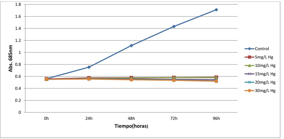 FIGURA 15.1 Efecto de diferentes concentraciones de mercurio (mg/L) sobre el crecimiento (685 nm) de Scenedesmus acutus cultivada en medio  BBM a temperatura ambiente, aireación y luz continua (40 Watts)