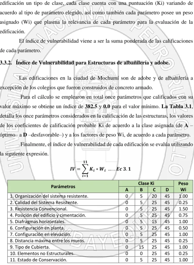 Tabla 3.1 Escala numérica del índice de vulnerabilidad para edificaciones de mampostería  (Benedetti - Petrini) 