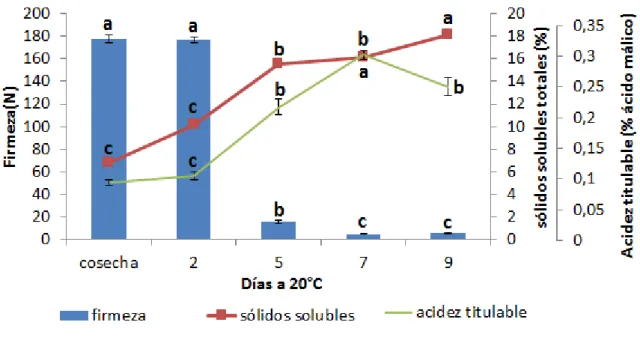 Figura  2.  Medición  de  la  firmeza,  sólidos  solubles  y  la  acidez  titulable  durante  la  maduración  de  la  chirimoya