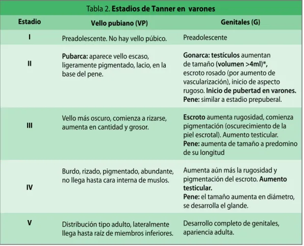 Tabla 2. Estadios de Tanner en  varones