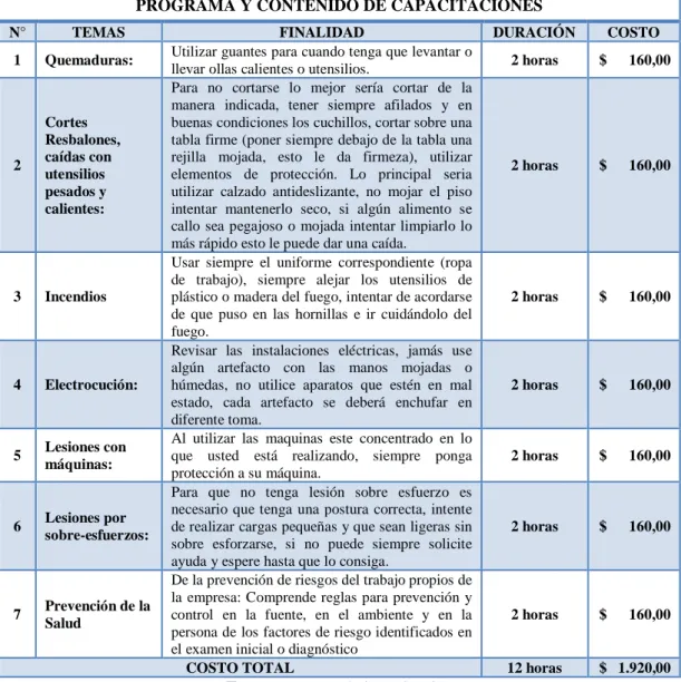 Tabla N° 24: Programa y contenido de Capacitaciones 