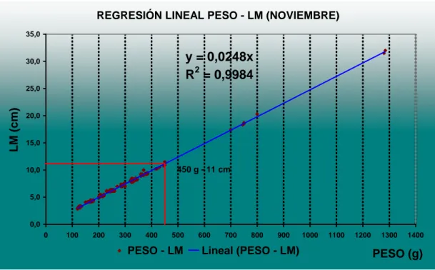 GRÁFICO 8: Regresión lineal entre peso y LDM en el mes de noviembre  2008 de la captura de O