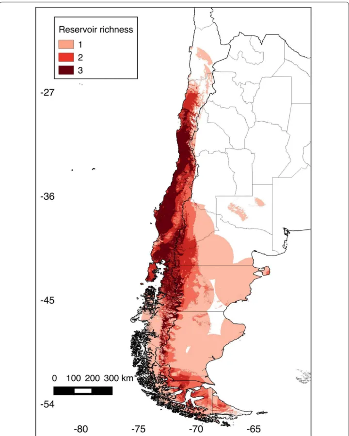 Fig. 3  Rodent species richness (number of species predicted by cell). Chile and Argentina, divided by Regions (Chile) and Provinces (Argentina)