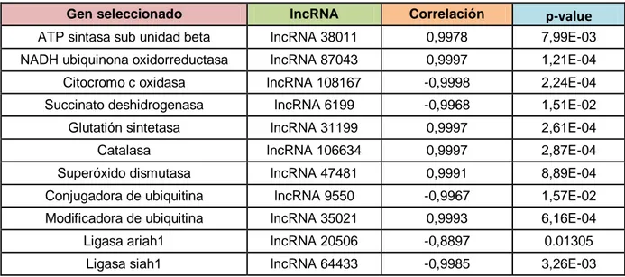 Tabla 5: Nivel de correlación de Pearson entre genes seleccionados y Long non- non-coding RNAs