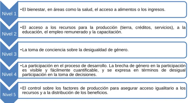 Ilustración 2: Cinco niveles de igualdad que ascienden progresivamente hacia cuotas superiores de  empoderamiento y desarrollo 