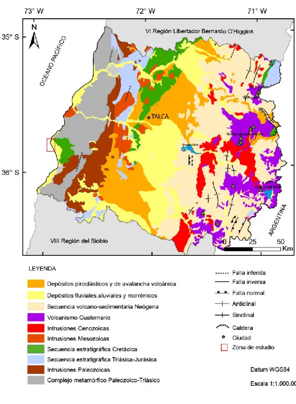 Figur a  2. 2:  Mapa  geológic o  de  la  región  del  Maule.  Modif ic ado   SERNAGEOMIN  (2003)