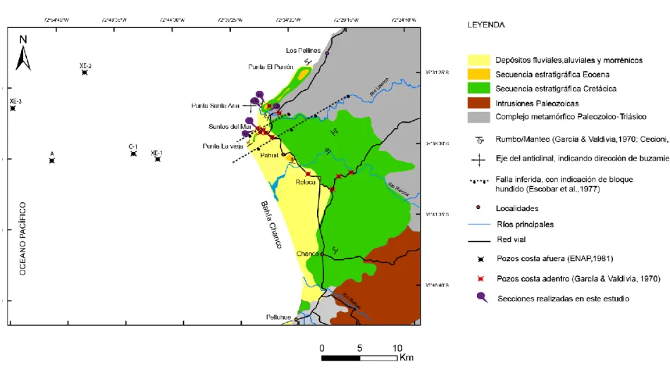 Figur a  2. 3:  Mapa geológico del sector costero de la región del Maule, entre 35º30’S a 35º 50’ S, basado en García &amp; Valdivia (1970), Esco bar et  al