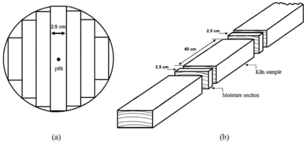 Figure  1. (a)  Sawing  pattern  used  on  each  log  and  (b)  sample  obtained  for  determination  of  moisture  content  in  the  board
