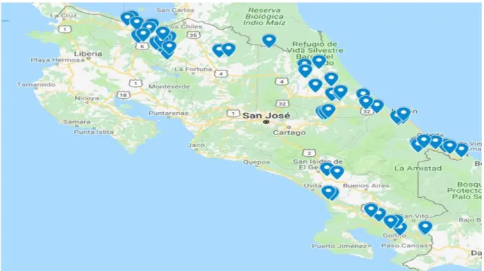 Figura 2.  Distribución de los puntos de muestreos para la exploración de cadmio en cacao  en Costa Rica