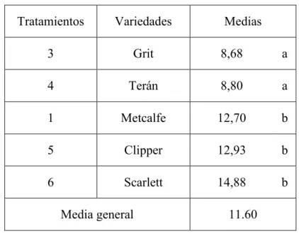 Cuadro 26. Comparación de medias, cantidad de granos llenos por espiga. 
