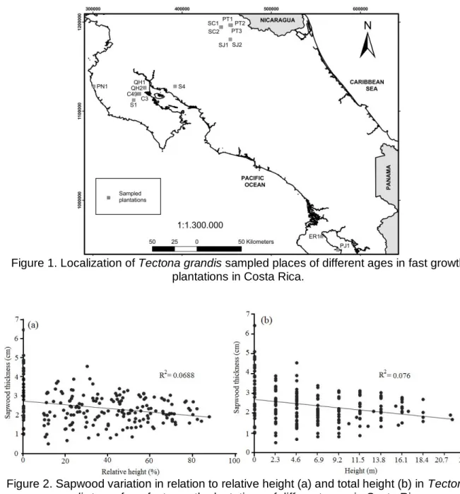 Figure 1. Localization of Tectona grandis sampled places of different ages in fast growth  plantations in Costa Rica