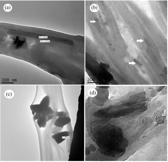 Figure 2 - Transmission Electron Microscopy (TEM) images of PVAc/nano-clay composites: (a-b)  short-tubular of nano-clay mixed into PVAc polymers, (c) typical montmorillonite  particles inside of two PVAc chain and (d) nano-clay in layers and particles mix