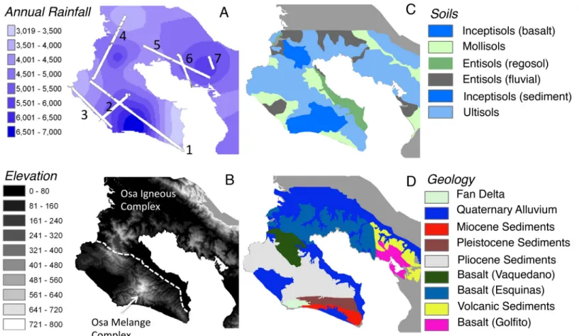 Fig 1. Environmental gradients across the Osa Peninsula, Costa Rica. (A) Distribution of precipitation ranging from 3000 –7000 mm annually