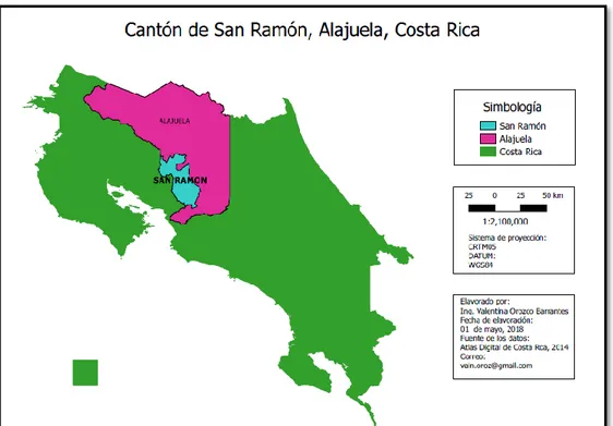Figura 2.  Mapa de Costa Rica señalando el cantón de San Ramón de Alajuela. 