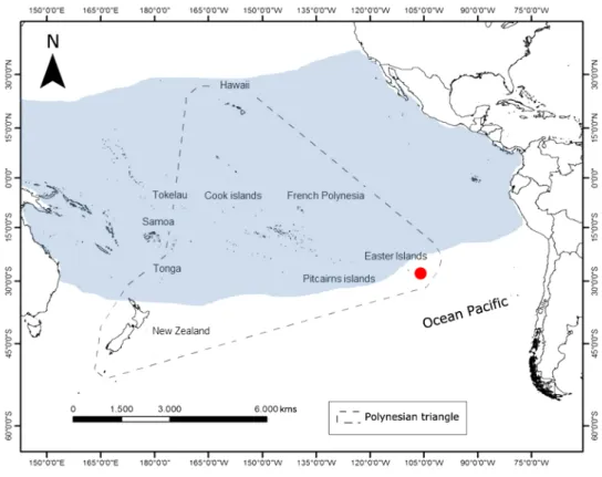 Figure 1. Polynesian  triangle  (dotted line) and  the approximate distribution range  of  Eretmochelys  imbricata (blue) in  the  Pacific  Ocean