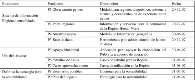 Tabla 3.1: Relaci´on de resultados y productos para el a˜no 2007.