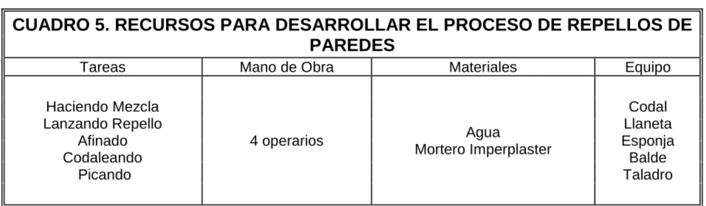 CUADRO 5. RECURSOS PARA DESARROLLAR EL PROCESO DE REPELLOS DE  PAREDES