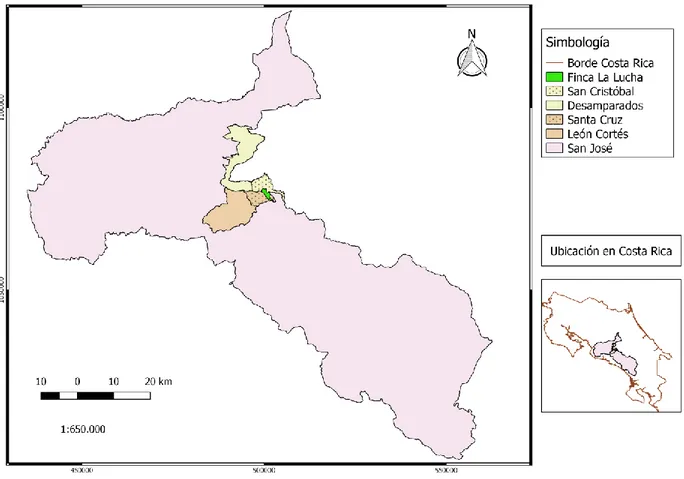 Figura  1.  Ubicación  geográfica  de  La  Finca  La  Lucha,  San  Cristóbal  de  Desamparados,  San  José,  Costa Rica, 2018.