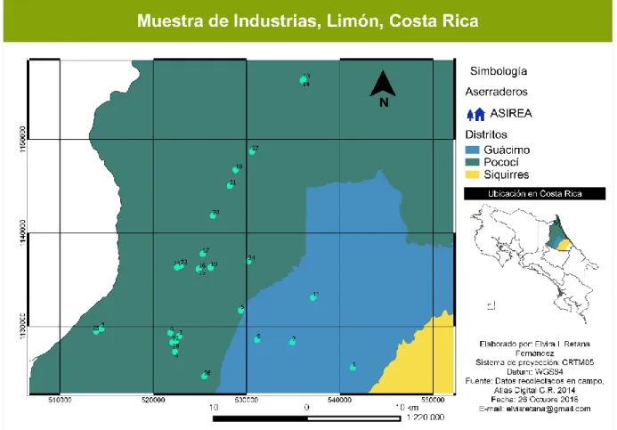Figura 3. Ubicación de las industrias muestreadas. Región Huetar Caribe, Limón,  Costa Rica