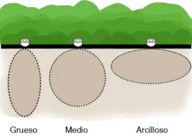 Figura 3.1. Bulbos de humedecimiento para diferentes texturas de suelo. Adaptado al español de Reddy (2016)