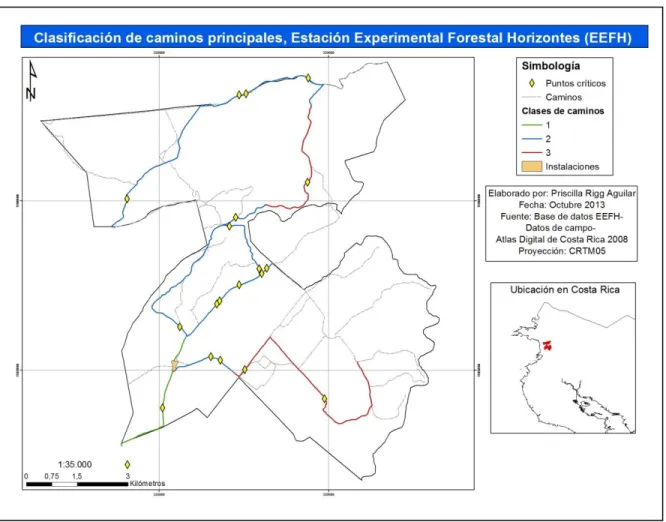 Figura 5. Mapa del estado actual de los caminos principales de la Estación Experimental Forestal  Horizontes, Área de Conservación Guanacaste, Costa Rica
