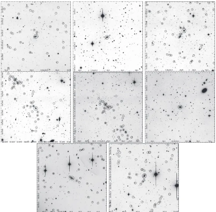 Figure 3. R images of clusters observed with du Pont 2.5 m telescope at LCO: [VMF98]004, [VMF98]011, [VMF98]015, [VMF98]024, [VMF98]025, [VMF98]211, [VMF98]214, and [VMF98]215 (from upper left to lower right panels)