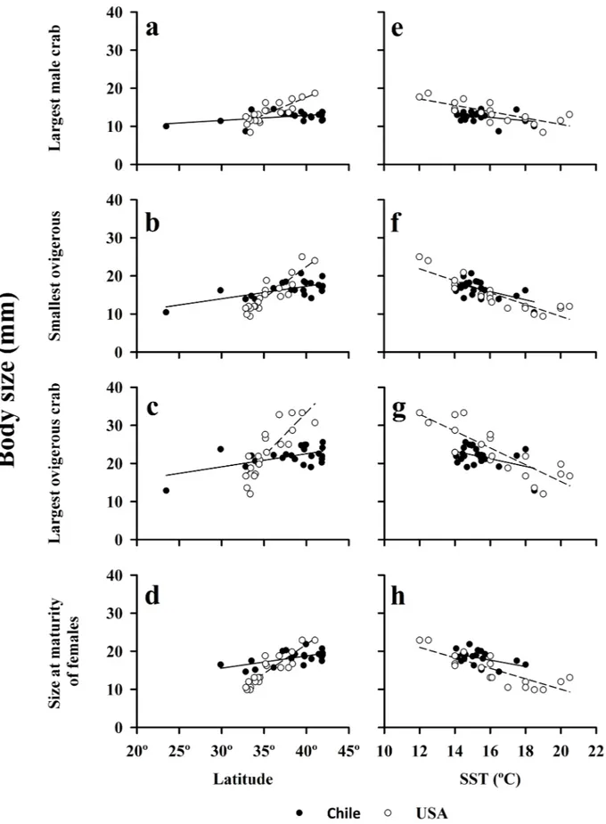Fig 6. Body size of largest male crabs, smallest and largest ovigerous crabs and size at maturity of females of Emerita analoga, as a function of latitude and surf zone temperature (SST) along the Chilean and Californian coasts (data collected during Decem