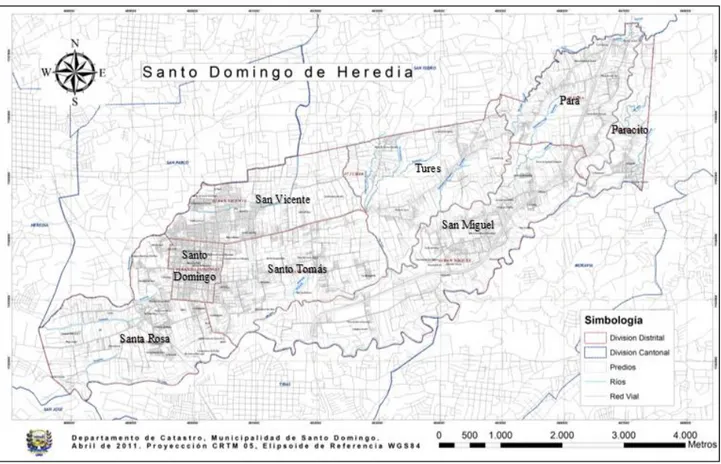 Figura 1.1. Cantones del Distrito de Santo Domingo de Heredia  Fuente: Departamento de Catastro, Municipalidad de Santo Domingo, 2011 