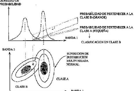Figura 2.Ejemplificación de la probabilidad de pertenencia a una clase visualizada en la proyección  de superficies en campana sobre el plano espectral generado por la banda 1 y 2