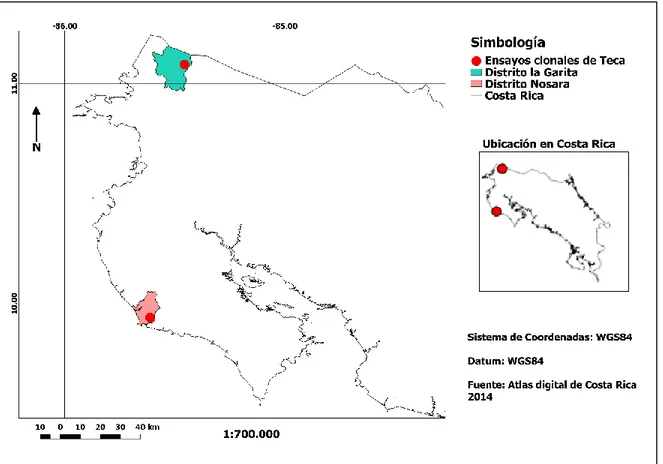 Figura 1. Localización de dos ensayos clonales de Tectona grandis de 4 años de  edad en Guanacaste, Costa Rica
