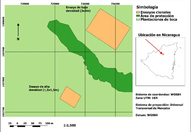 Figura 7. Localización de dos ensayos clonales de Tectona grandis de 22 meses de  edad establecidos en Nicaragua