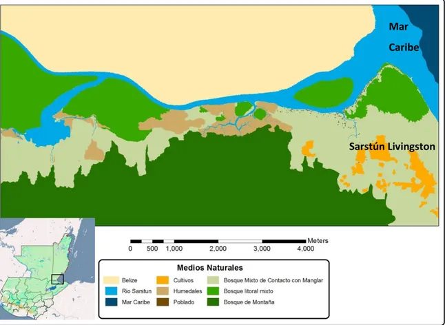 Figura 3.2. Localización del área de estudio y medios naturales en el municipio de Livingston en  el departamento de Izabal