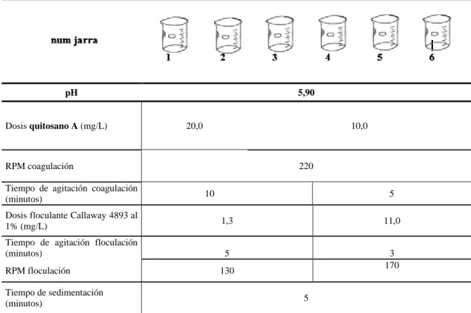 Cuadro  3.  6.  Prueba  de  coagulación-floculación  utilizando  como  coagulante  quitosano  A  y  floculante  Callaway  4893 a volúmenes de jarras de un litro.