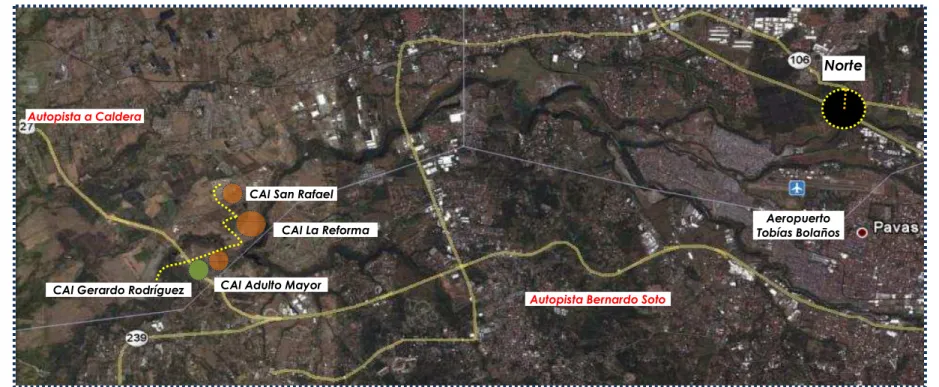 Fig. 2  Imagen Satelital del contexto general del Proyecto Cocina Única CAI La Reforma, San Rafael de Alajuela  Fuente: Imágenes Google Earth 