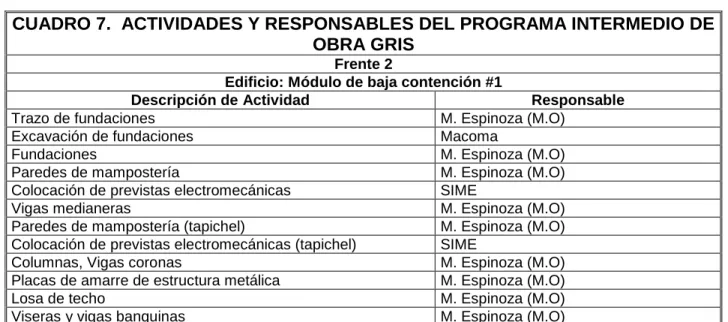 CUADRO 7.  ACTIVIDADES Y RESPONSABLES DEL PROGRAMA INTERMEDIO DE  OBRA GRIS