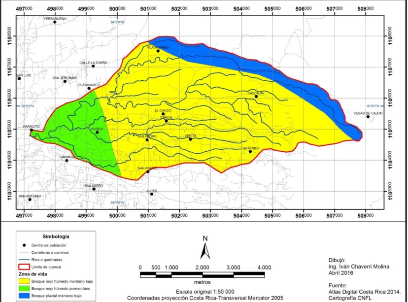 Figura 4.  Zonas de vida presentes en la microcuenca del río Macho, San José Costa Rica